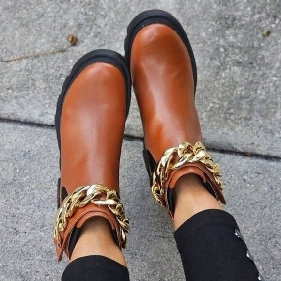 Women's Tan Combat Ankle Boots Heeled Booties - Picture 3 of 6